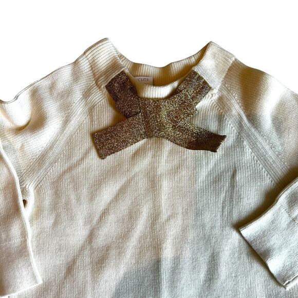 J Crew Crewcuts Sweater Cotton Knit Girl Gold Bow Shirt Ivory Size 6/7 NWT - Picture 3 of 8